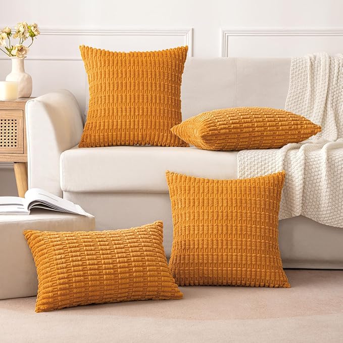 MIULEE Fall Corduroy Decorative Throw Pillow Covers 12x20 Burnt Orange | Lumbar Pack of 2 Soft Boho Striped Pillow Covers Modern Farmhouse Autumn Home Decor For Sofa Living Room Couch Bed