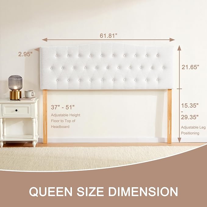 Tufted Headboard Queen Size, Solid Wood Adjustable Height Head Board, White | Upholstered Queen Headboard Only with Durable Solid Wood Legs, Adjustable Height 37-51 in, Fabric Button Diamond HeadBoards