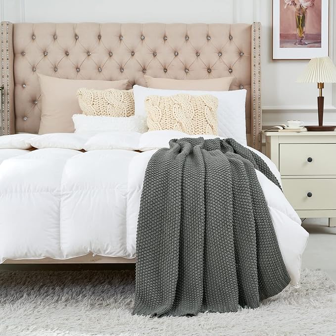 Chunky Cable Knit Throw Blanket Lightweight Grey 100% Organic Cotton Blanket for Sofa Couch Bed Baby Nursery, Rustic Shabby Chic Modern Farmhouse, Gray 51” x 63” Give Laundering Bag