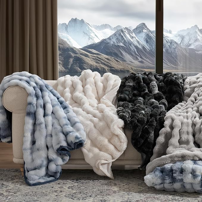 EverGrace Faux Rabbit Fur Bubble Throw Blanket, 50"x60", Cloud Blue | Ultra Soft, Luxury Faux Rabbit Fur Throw, Thick Warm Bubble Blanket, Cozy Fluffy Reversible, for Bed, Couch, Chair, Sofa
