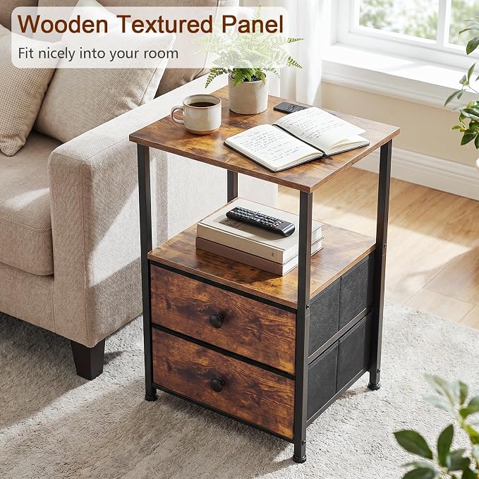 Nightstands Set of 2, Night Stand with Charging Station | Bedside Table with 2 Fabric Drawers for Bedroom, End Tables with Storage Shelf for Small Spaces, Rustic Brown