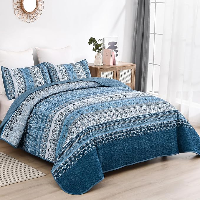 WONGS BEDDING Blue Quilt Queen Size,3 Pcs Bedspread Bedding Set | Colorful Bohemian Striped Printed Bedding for All Season, Lightweight Microfiber Coverlet Set with 2 Pillowcases( 96"x90" )