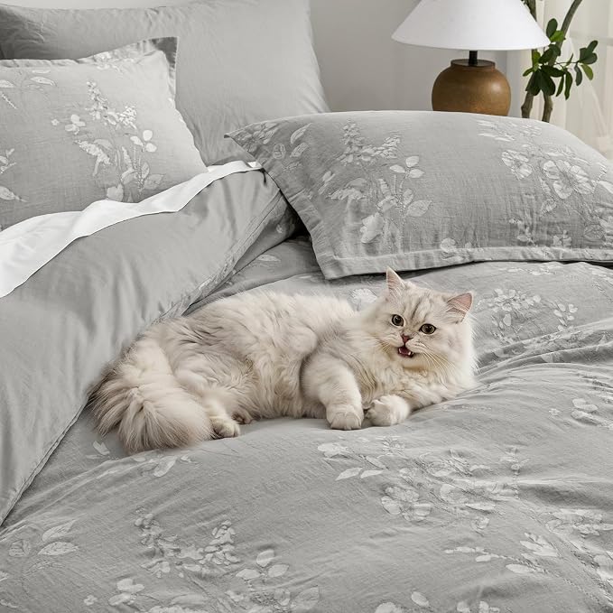 PHF Stone-Washed 100% Cotton Duvet Cover Queen Size, 90"x90", Formal Grey | Elegant Floral Jacquard Woven, Ultra Soft Breathable All Season Bedding Set for Adults, 3pcs with 2 Pillow Shams, No Filling