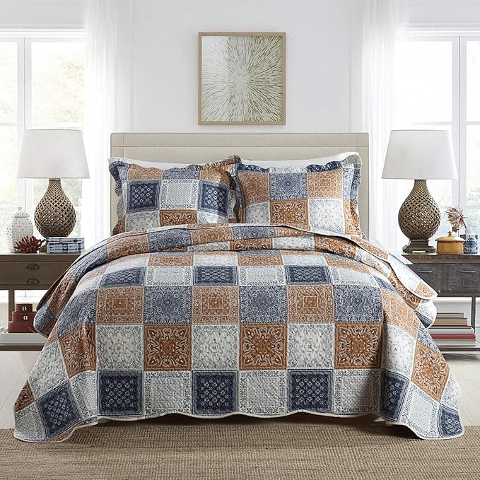 Quilt Bedspread Sets-Color Block Pattern Reversible Coverlet Set,King Size