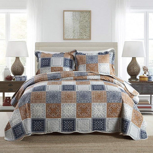 Quilt Bedspread Sets-Color Block Pattern Reversible Coverlet Set,King Size