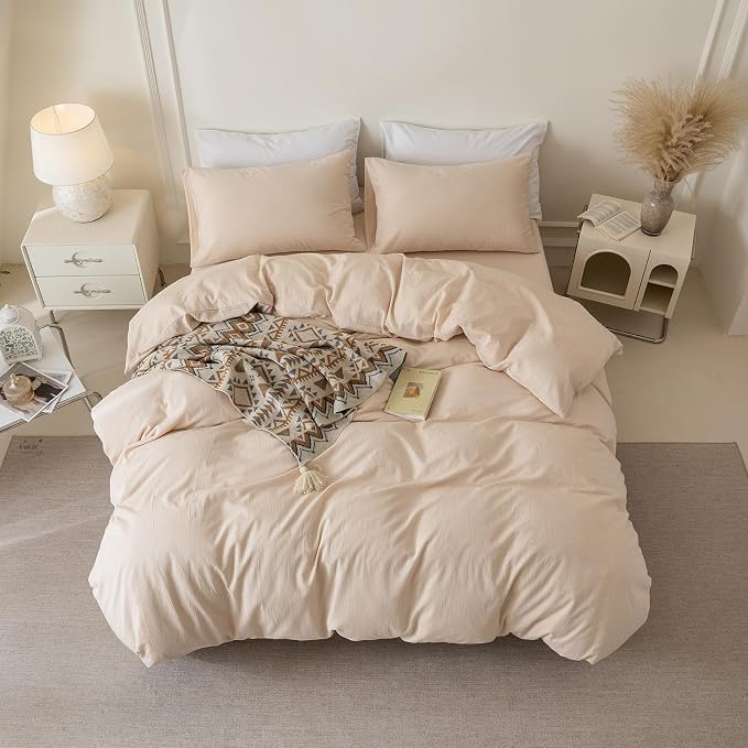 BDEAR 3Pcs Beige Duvet Cover Set Queen Size 90" L x 90" W, Skin Friendly | 100% Washed Cotton, 1 Duvet Cover with 2 Pillowcases, Zipper Closure, OEKO TEX Standard,8 Corner Ties,Linen-Liked Texture