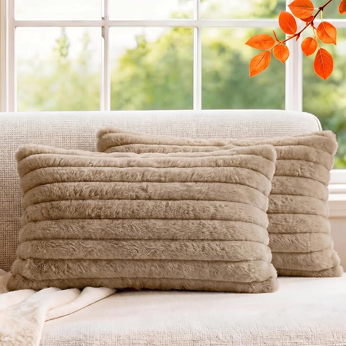 Pack of 2 Throw Pillow Covers 20x12 Decorative Solid Plush Faux Fur with Soft Velvet Back, Square Striped Cushion Cases Modern Farmhouse Home Decor for Living Room Couch Sofa Bed Khaki