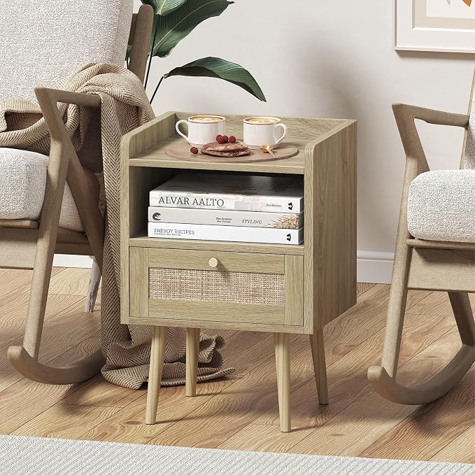 MECHYIN Night Stand with Charging Station & Rattan Decor Drawer, Boho Bedside End Table with Solid Wood Feet, Bed Side Table with Open Storage for Farmhouse Bedroom Living Room Dorm - Natural