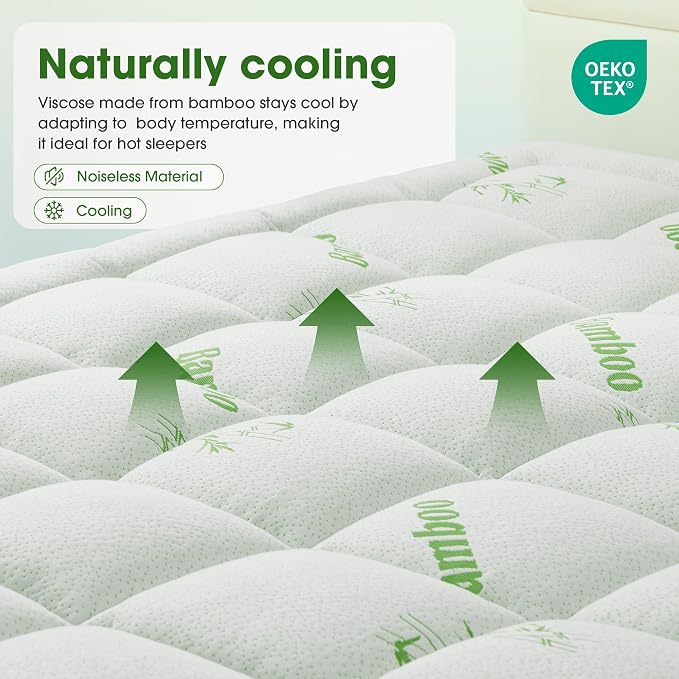 Mattress Pad Queen Size, Cooling Pillow Top Mattress Topper, Ultra Soft Viscose Made from Bamboo, Breathable for Hot Sleepers, Deep Pocket 8"-20", Green