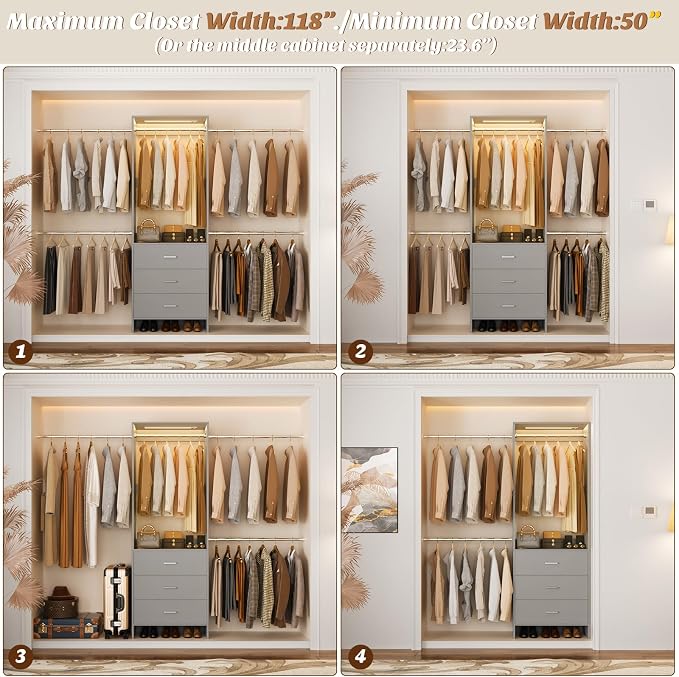 Aheaplus Closet System with Motion-Sensing Light, 3 Wooden Drawers and 4 Hanging Rods, Customizable Walk-in Closet Organizer with 3CCT LED, Heavy Duty Garment Rack for Bedroom,Grey