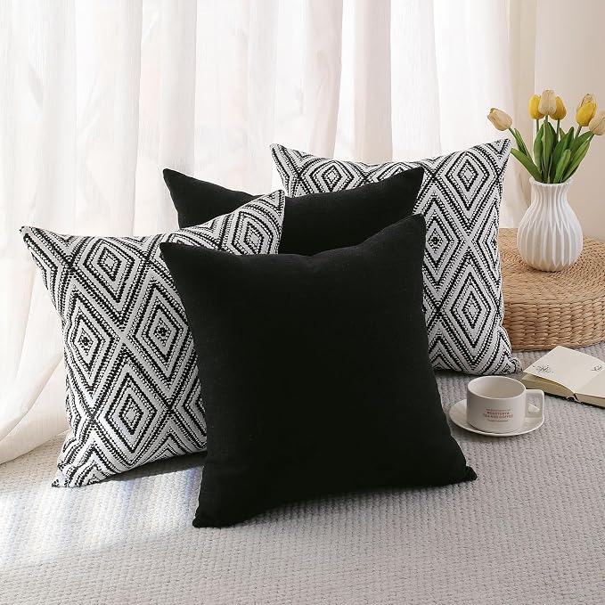 HPUK Throw Pillow Covers 18x18, 4 Pack, Black Textured Couch Pillow Covers | Polyester fabric, patterned and solid designs, hidden zippers, machine washable, for sofas and beds, inserts not included