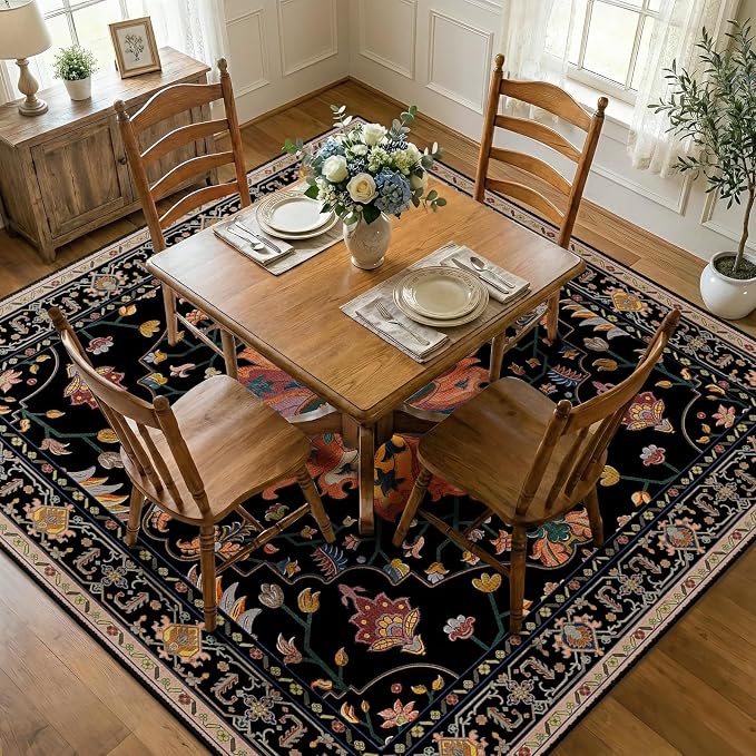 RELEANY Washable Area Rug, Square 7'x7', Black/Colorful | Non-Slip, Water Repellent, Pet Friendly, Easy to Clean, Vintage Floral Boho Decor for Living Room Bedroom Dining Room Office