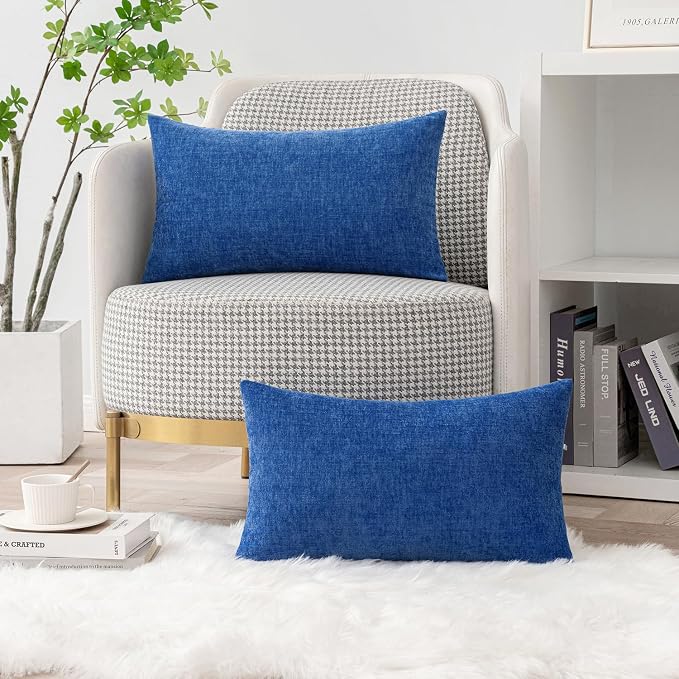 MIULEE Soft Chenille Lumbar Throw Pillow Covers Royal Blue 12x20 Pack of 2 | Modern Home Decor, Classic Decorative Pillows, Solid Dyed Cases, Boho Couch Cushion Covers for Sofa Bed Living Room