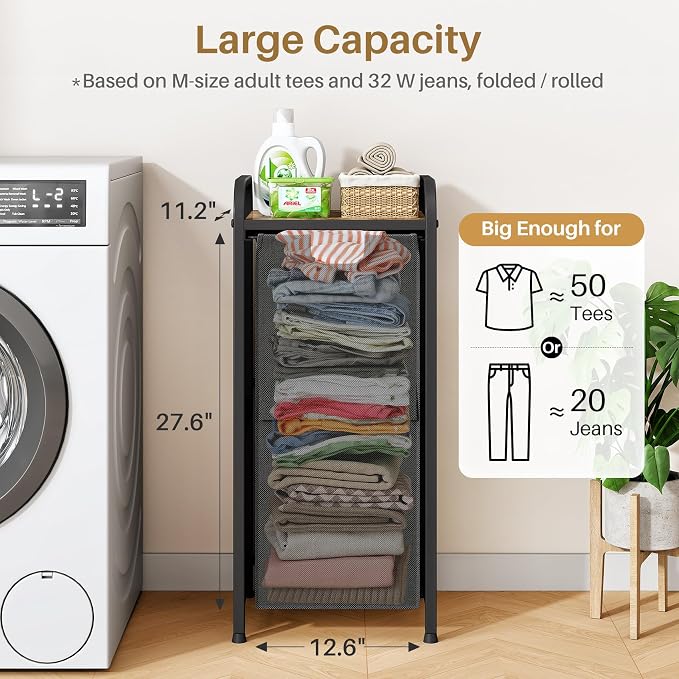 Kitstorack Laundry Hamper, Laundry Basket, Laundry Sorter with a Pull-Out and Removable Bag, Shelf, Metal Frame, 17 Gallons (62 L), Ink Black and Rustic Brown