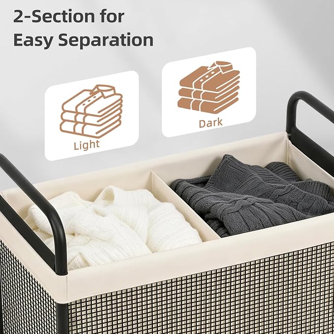 STORAGE MANIAC Rolling Laundry Hamper with Wheels 2-Section Laundry Sorter Rolling Laundrys Basket on Wheels with Removable Bag Clothes Hamper Laundrys Organizer Cart Bathroom Bedroom 100L Beige