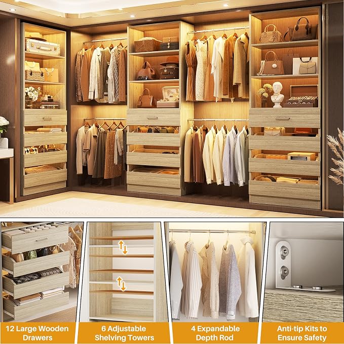 Aheaplus Closet System with 12 Drawers, 8.5-11.5Ft Wood Closet Organizer | White Oak Closet Storage with 4 Hanging Rods & 3 Towers, 4Ft & 6Ft L-Shaped Walk-in Closets Wardrobe Organizer, Set of 3