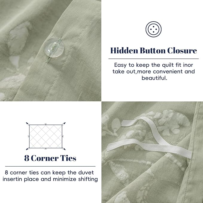 PHF Stone-Washed 100% Cotton Duvet Cover King Size, 104"x90", Dusty Sage | Elegant Floral Jacquard Woven, Ultra Soft Breathable All Season Bedding Set for Adults, 3pcs with 2 Pillow Shams, No Filling