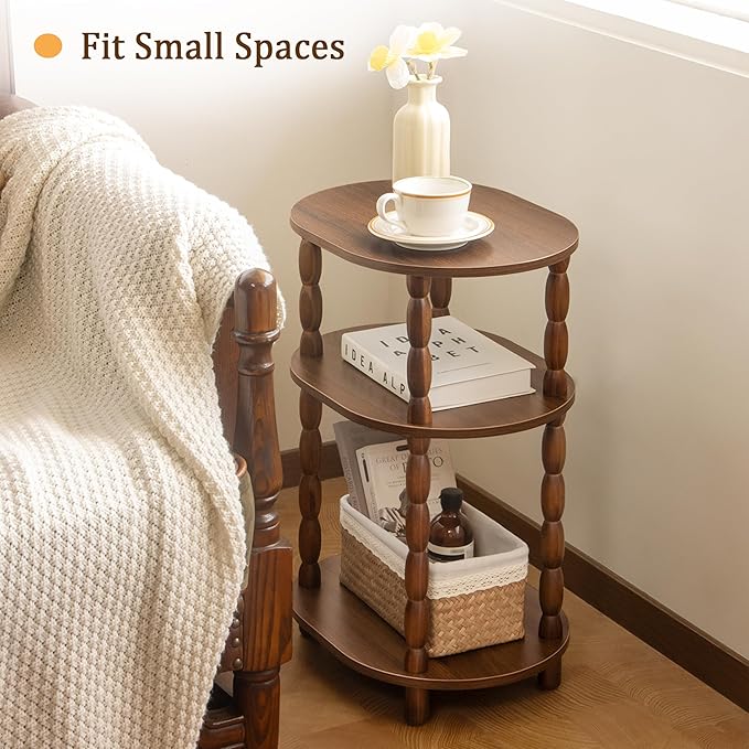 MaxSmeo Small Side Table, 3-Tier Small End Table, Modern Oval Night Stand Accent Table for Living Room, Bedroom, Walnut Brown