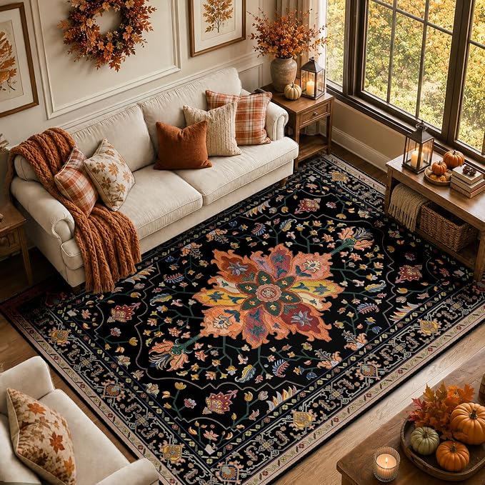 RELEANY Washable Area Rug, 5'x7', Black/Colorful | Non-Slip, Water Repellent, Pet Friendly, Easy to Clean, Vintage Floral Boho Decor for Living Room Bedroom Dining Room Office