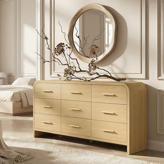 Curved 9-Drawer Dresser for Bedroom, 63" Wide Modern Chest of Drawers, Vanity Desk TV Stand for Living Room, Closet Storage Drawers Organizer Furniture, Nursery, Hallway, Natural Oak