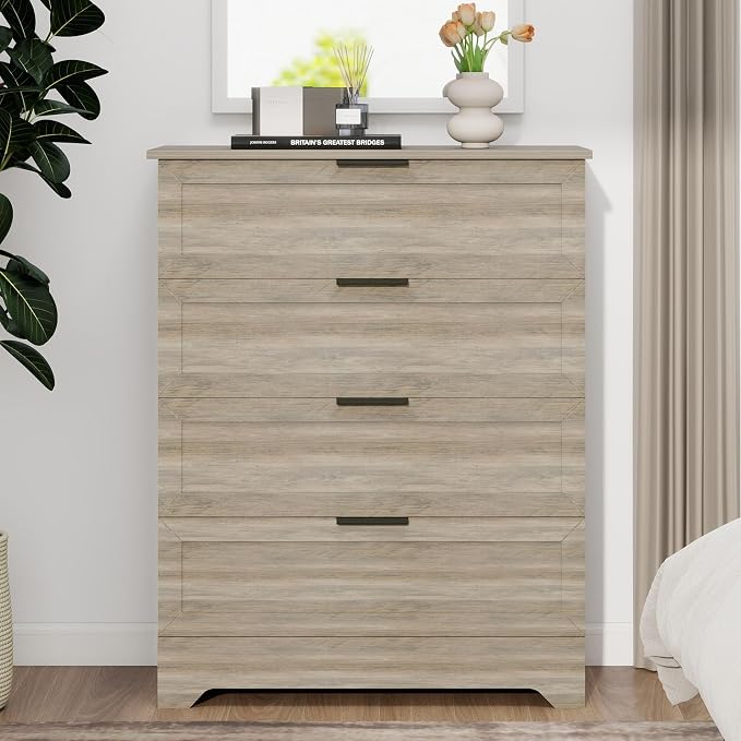 Farmhouse 4 Drawer Dresser for Bedroom, Tall Bedroom Dresser, Rustic Gray | Changing Table Dresser with Large Drawer, Wooden Storage Organizer Cabinet Chest of Drawer for Closet, Living Room, Hallway