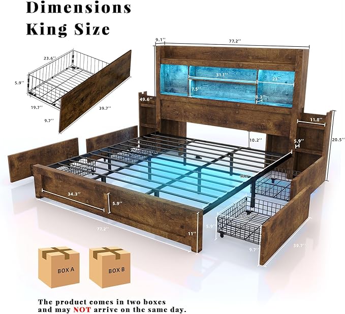 LUXOAK King Bed Frame with Storage, Bookcase Headboard, Rustic Brown | 49.6" Headboard, Wood Platform Bed, Charging Station, Bedside Storage, 4 Storage Drawers, No Box Spring Needed, Farmhouse
