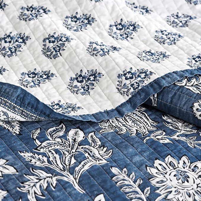 EverGrace 100% Cotton Floral Quilt Set, Queen Size, Indigo Blue 92"×96" | Reversible Lightweight Bedspread Coverlet, Vintage Floral Farmhouse Bedding,Traditional Block Print Quilt with 2 Pillow Shams