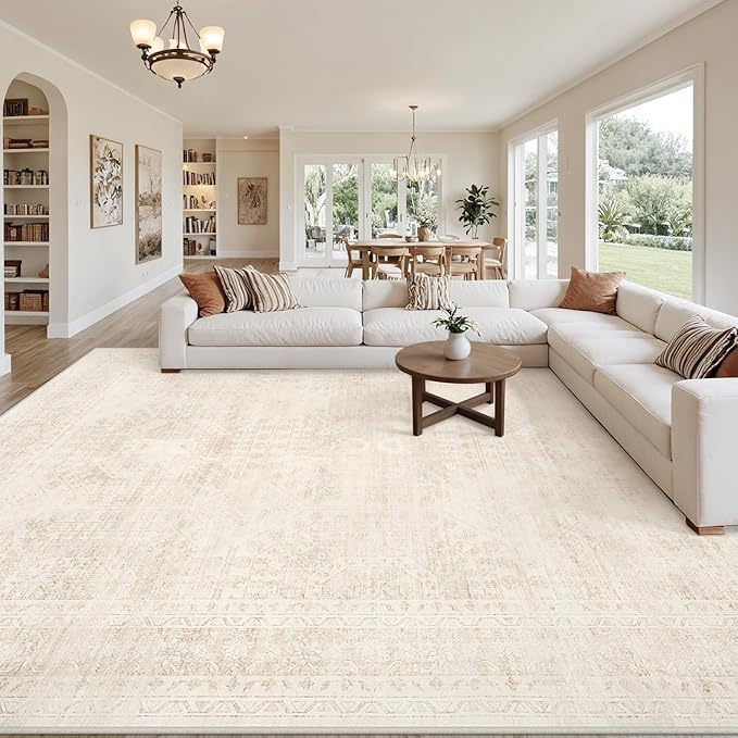 10x14 Area Rugs Living Room: Bedroom Neutral Washable Carpet Beige | Large Vintage Boho Indoor Decor Neutral Soft Nursery Farmhouse Dining Room Office Floor Non-Slip Low Pile Under Table Rug