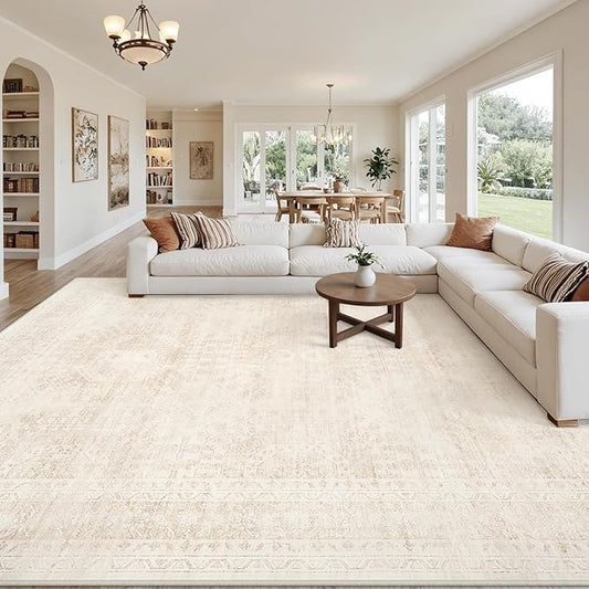 10x14 Area Rugs Living Room: Bedroom Neutral Washable Carpet Beige | Large Vintage Boho Indoor Decor Neutral Soft Nursery Farmhouse Dining Room Office Floor Non-Slip Low Pile Under Table Rug
