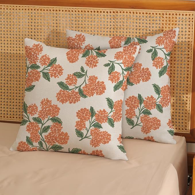 Fall Burnt Orange Pillow Covers 22x22 Inch 2 Pcs Green Hydrangea Flower Decor Throw Pillows Vintage Floral Seasonal Autumn Outdoor Decoration Pillowcase Linen Cushion Cover for Couch Sofa