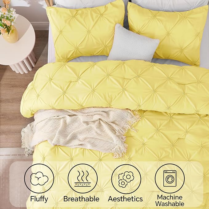 BEDELITE King Comforter Set Light Yellow,Lightweight & Soft Comforter | Pintuck Boho Bedding, Warm & Cute Bed Set for All Season,With 2 Pillowcases