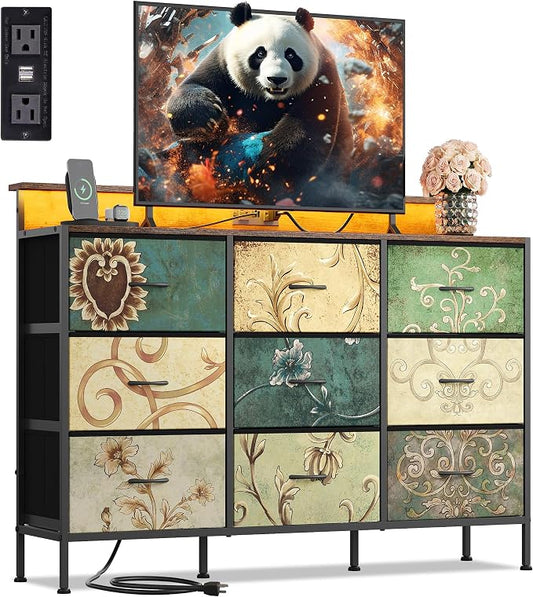 WLIVE Dresser TV Stand 9-Drawer, Fabric Chest of Drawers LED Lights, Floral | 9-drawer dresser TV stand fits 55in TV with RGB LED lights and charging station, fabric media console for living room