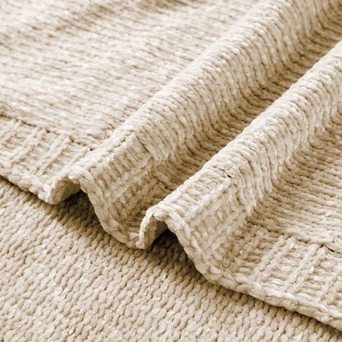 Beige Throw Blanket for Couch, Soft Chenille Throw Blanket 51"x67" | Shiny Oatmeal Chenille Blanket, Breathable & Midweight Knit Throw Blanket, Neutral Throw for Bed Sofa Home Decor