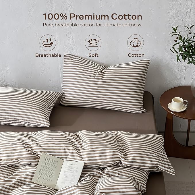JELLYMONI 100% Cotton Printed Striped Twin Duvet Cover Set, Tan | Breathable and Soft, Classic Stripes, 8 Corner Ties & Double-Head Hidden Zipper, For Kids or Guest Bedroom