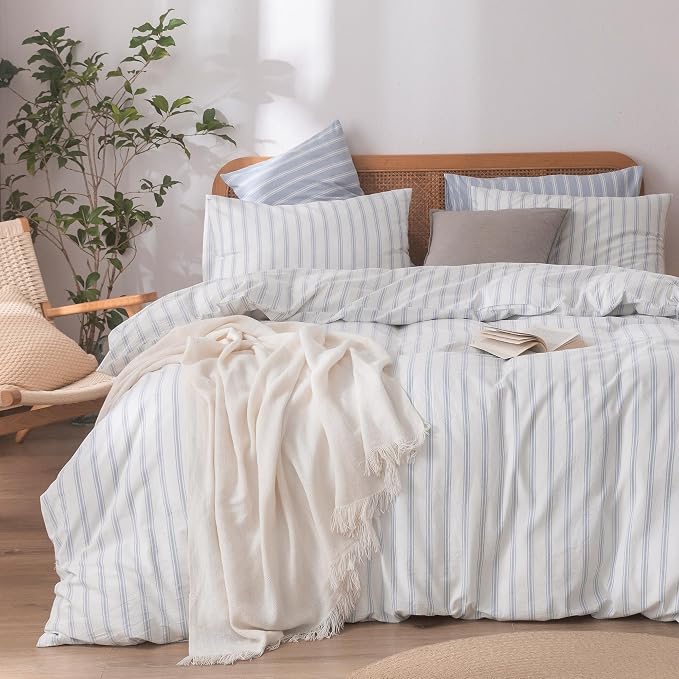 BESTOUCH Striped Cotton Duvet Cover Set Linen Feel California King | 100% Washed Cotton, Soft Wrinkle Texture, Hidden Zipper, 8 Ties, Breathable Lightweight Durable Comfy, 3 Pcs No Insert