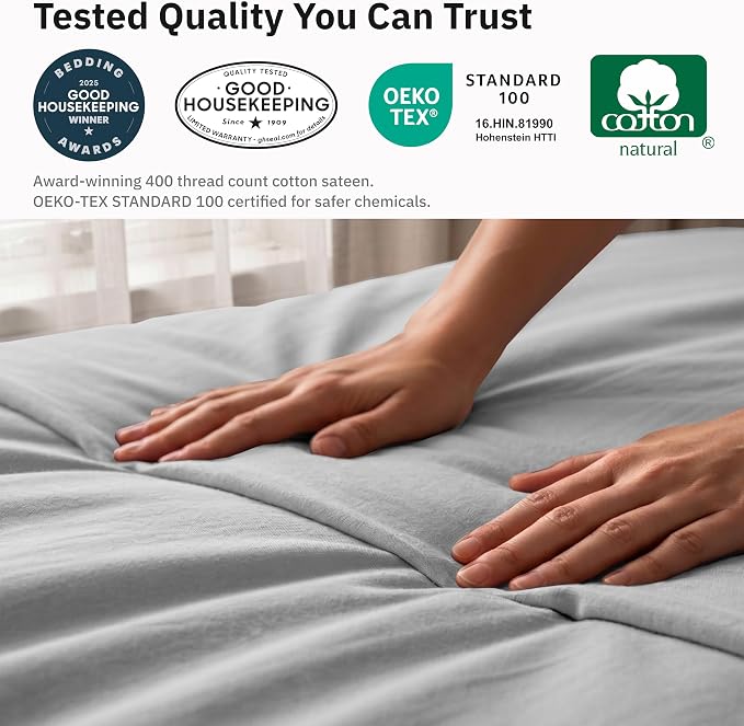 California Design Den Luxury Duvet Cover Set Oversized King, Light Grey | Soft 400 Thread Count 100% Cotton Sateen Backed by GH Seal, Duvet Cover & Pillow Sham 3 Pc Set, Button Closure & Corner Ties