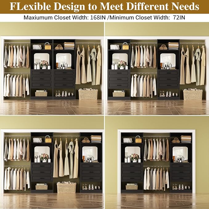 Unikito 6-14FT Wood Closet System with 6 Drawers and Mirror, Black | Sturdy walk-in organizer wardrobe for clothing, clothes rack with 3 hanging rods, freestanding garment storage tower.