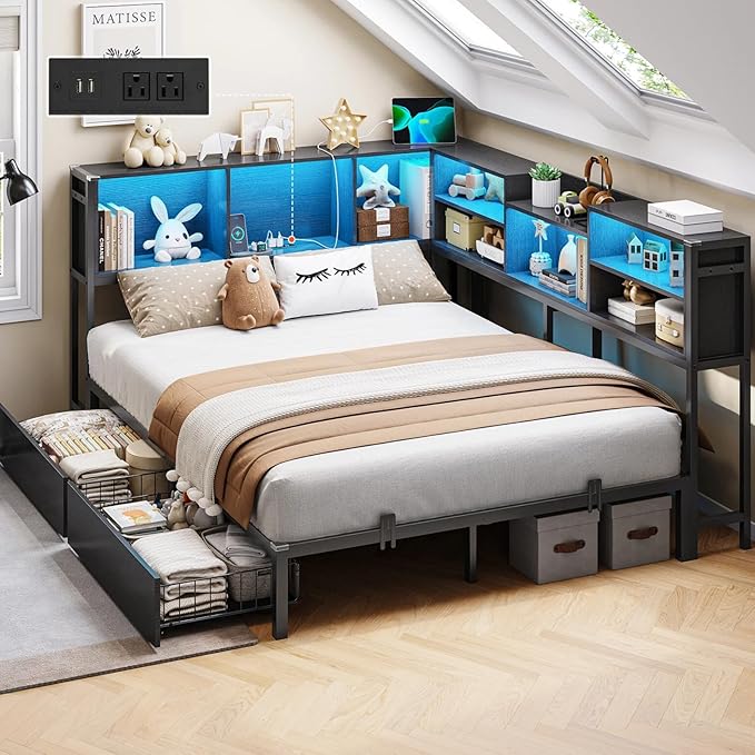 DICTAC Full Corner Bed Frame with Storage Bookcase and Led Lights Metal Platform Corner Bed Frame with 2 Drawers and Charging Station Modern Full Size Daybed with Storage for Kids/Teen/Adult,Black