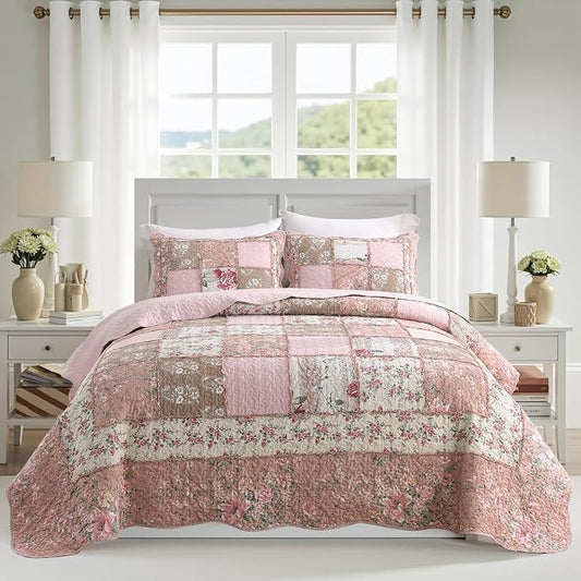 Quilt Set King Size, Cotton Patchwork Pink Floral Quilt Sets, Real Stitched Embroidery Bedspread Lightweight and Breathable for All Seasons, Soft Quilted with 2 Pillow Shams