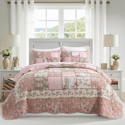 Quilt Set Queen Size, Cotton Patchwork Pink Floral Quilt Sets, Real Stitched Embroidery Bedspread Lightweight and Breathable for All Seasons, Soft Quilted with 2 Pillow Shams