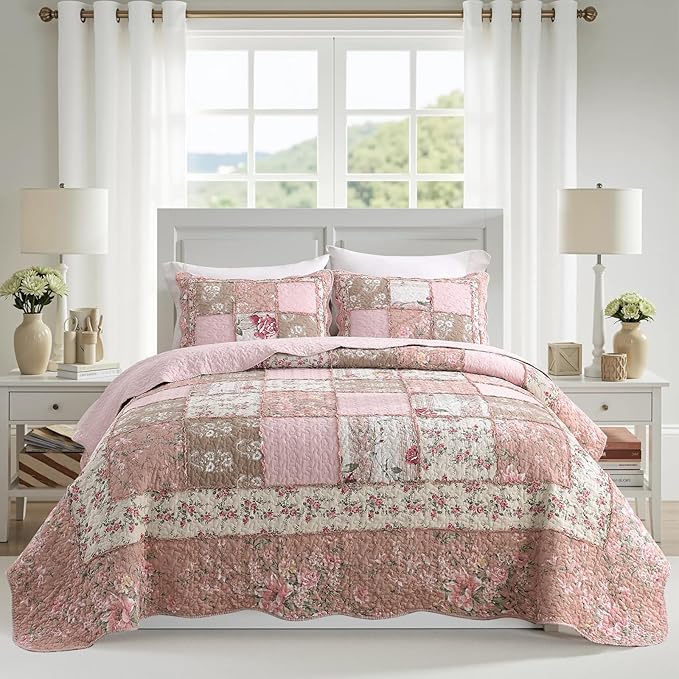 Quilt Set Queen Size, Cotton Patchwork Pink Floral Quilt Sets, Real Stitched Embroidery Bedspread Lightweight and Breathable for All Seasons, Soft Quilted with 2 Pillow Shams