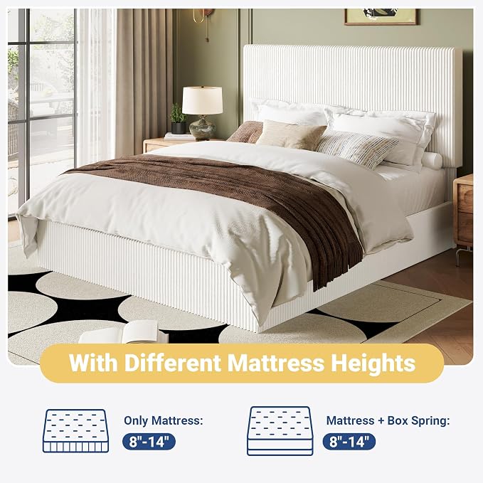 Allewie Queen Bed Frame, Adjustable Corduroy Headboard, Platform, White | Adjustable Headboard, Corduroy Fabric, Low Profile, Wooden Slats, 900 lb Capacity, No Box Spring Needed