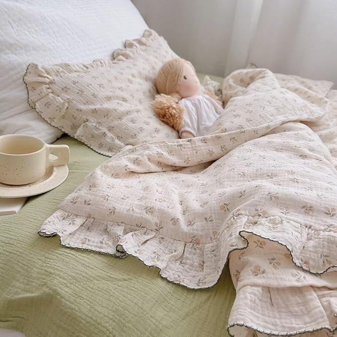 Girls Toddler Duvet Cover 47 x 59 Inch, Soft Muslin Cotton Crib Duvet Covers for Summer Quilt Cover Toddler Baby Bedding Gift, Sprout Print (No Pillow Shams)