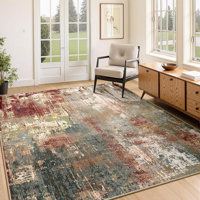 RELEANY Washable 4'x6' Abstract Area Rug for Living Room Rustic Brown | Carpet for Bedroom, Kitchen, Office, Hallway and Entryway, Printed Pattern, Non‑Slip, Soft, Stain‑Resistant, Easy to Clean