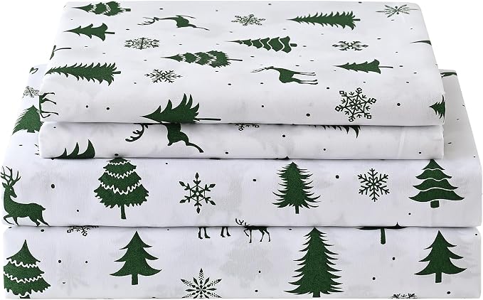 Softan Christmas Holiday Microfiber Twin Sheet Set with Non-Slip Straps | 15" Deep Pocket Fitted Bed Sheets, Printed Sheets, Green Reindeer Pattern, Single Sheets & Pillowcase Set for All Season