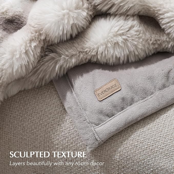 EverGrace Faux Rabbit Fur Bubble Throw Blanket, 90"x90", Light Grey | Ultra Soft, Luxury Faux Rabbit Fur Throw, Thick Warm Bubble Blanket, Cozy Fluffy Reversible, for Bed, Couch, Chair, Sofa