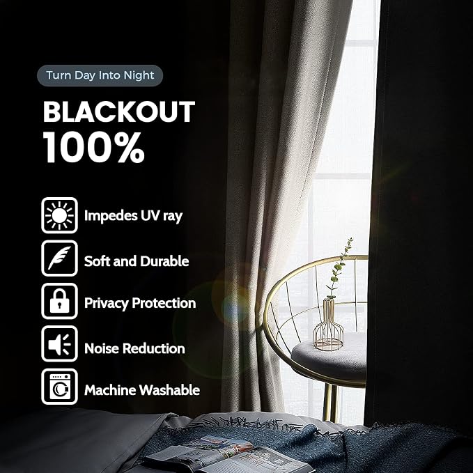SimpleHome Natural 100% Blackout Curtains Room Darkening Living Room 84L | Curtains for Bedroom,Thermal Insulated Grommet Window Drapes,Curtains for Living Room with Black Back,52 x 84 Inch,2 Panels