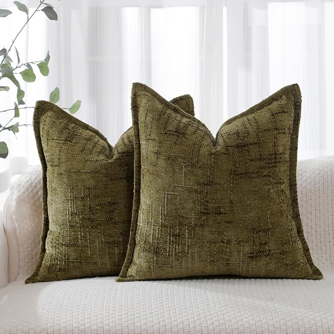 HPUK Chenille Throw Pillow Covers 18x18 Inch, Soft Woven Texture, Set of 2 | Plush woven texture, invisible zipper, couch sofa bed bedroom living room decor, square cushion covers, inserts not included