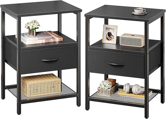 Huuger Nightstand Set of 2, Night Stand with Fabric Drawer, Mesh Shelf | Side Table with Storage, Fabric Drawer Dresser, Open Shelf, Metal Frame, Bedroom, Black