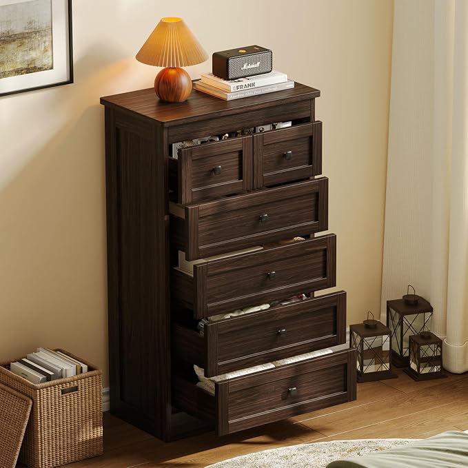 wanan Tall 6 Drawer Dresser for Bedroom, Walnut Modern 43.3'' Tall Wood Chest of Drawers, Storage Organizer with Smooth Metal Rails & Anti-Tip Kit for Closet, Hallway, Living Room